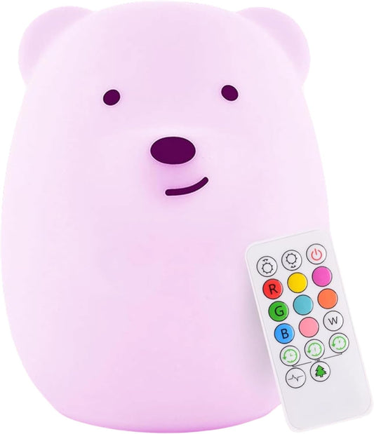 Benny the Bear Squishy Silicone Night Light for Kids | Cute Night Light with Remote & Touch Control for Girls & Boys | 9 Color Changing Soft Portable Animal Lamp Comes with USB Cord