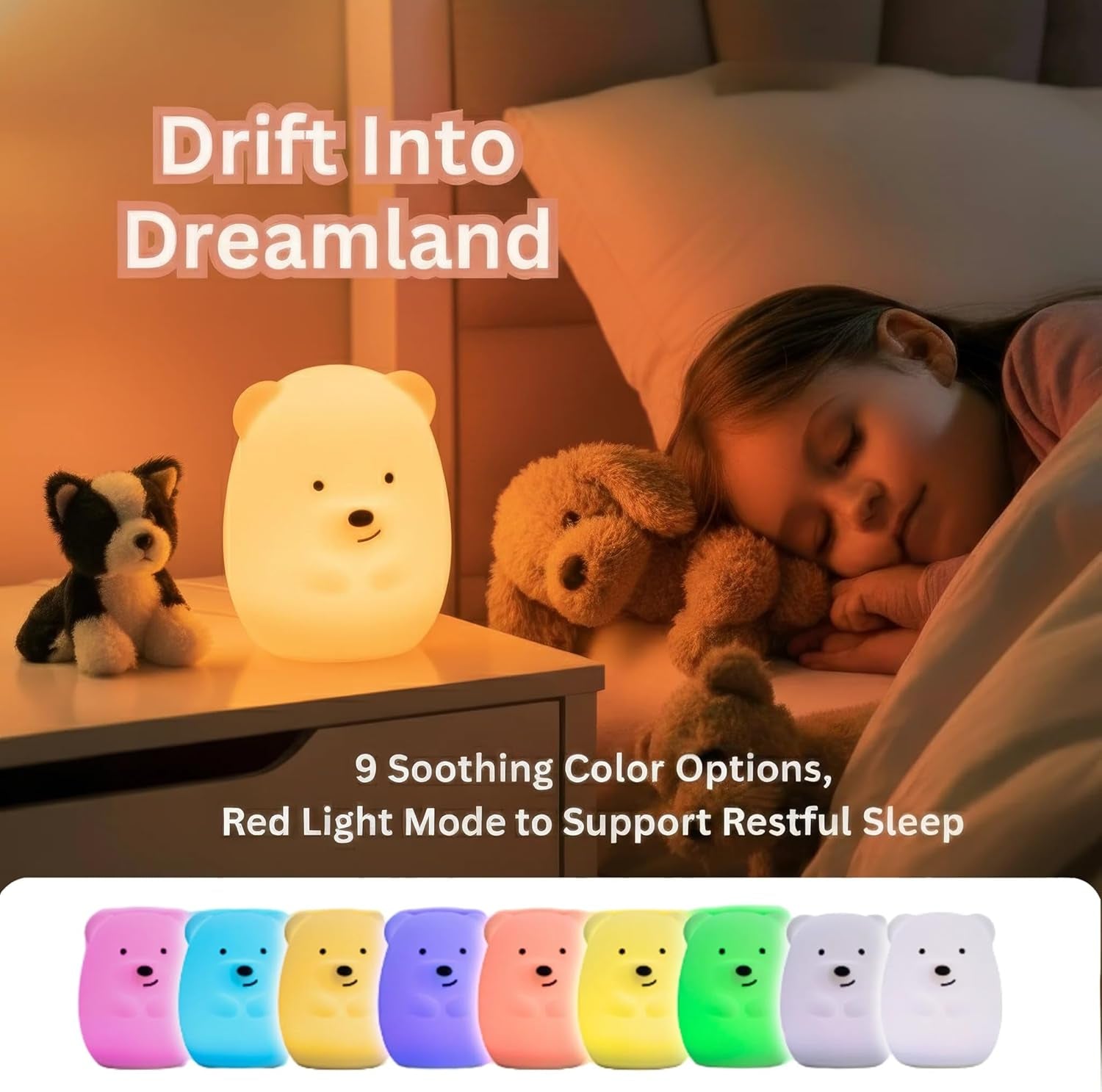Benny the Bear Squishy Silicone Night Light for Kids | Cute Night Light with Remote & Touch Control for Girls & Boys | 9 Color Changing Soft Portable Animal Lamp Comes with USB Cord